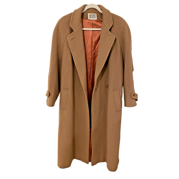 Vtg Bill Blass Womens Long Wool Camel Tan Overcoat L Retro USA Union Made